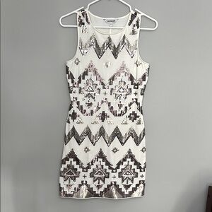 Express Mini Dress with Geometric Sequins - White and Silver